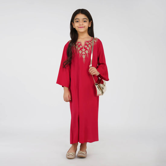 Linelle Kids Floral Jalabiya – Colorful Printed Maxi Dress with V-Neckline and Sparkling Stone Accents.